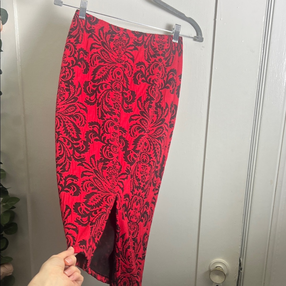 Gothic Red and Black Damask Pencil Skirt
